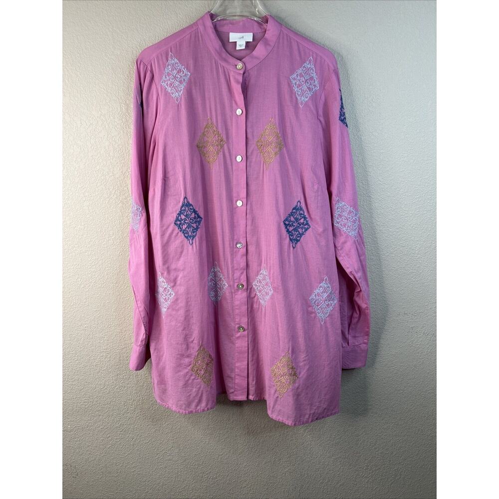 j jill embroidered top XS Lightweight Pink Tunic Side Slit Long Sleeve